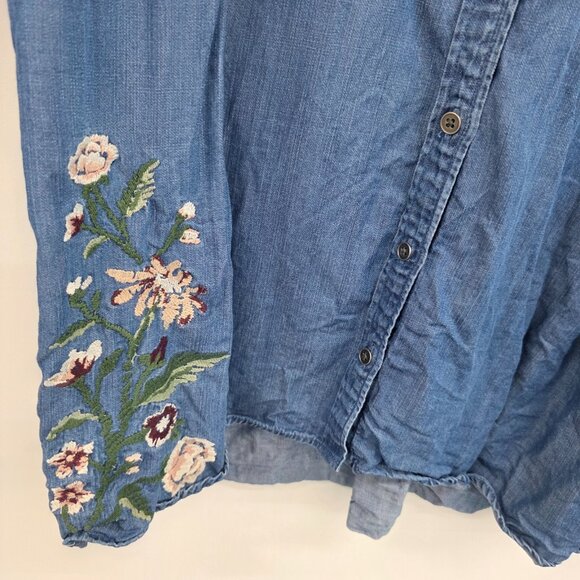 Style & Co Blue Chambray Embroidered Button-Up Shirt Lace-Up Back 1X Boho - Picture 7 of 14